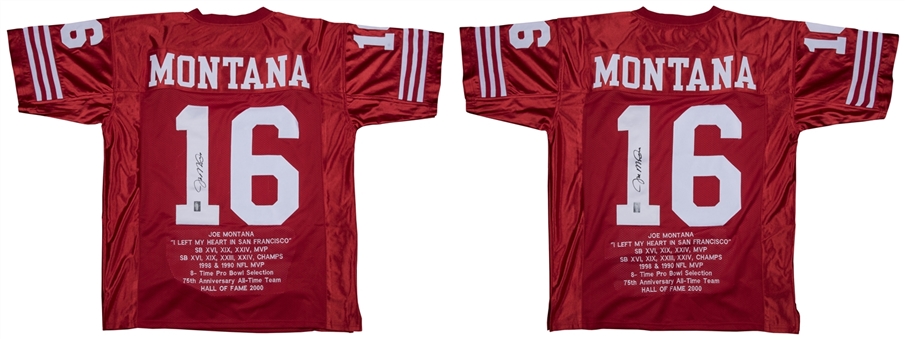 Lot of (2) Joe Montana Autographed San Francisco 49ers Red Stat Jerseys (Montana Holo)